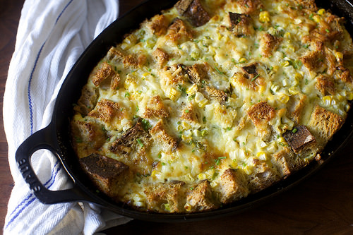 corn, cheddar and scallion strata